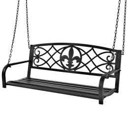 Farmhouse Black Sturdy 2 Seat Porch Swing Bench Scroll Accents