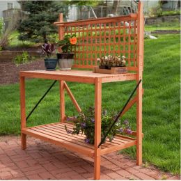 Outdoor Weather-Resistant Fir Wood Potting Bench Garden Table with Lattice Back