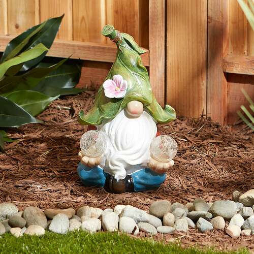 Meditating Leaf-Hat Gnome Figurine  Holding Solar Lighted Orbs