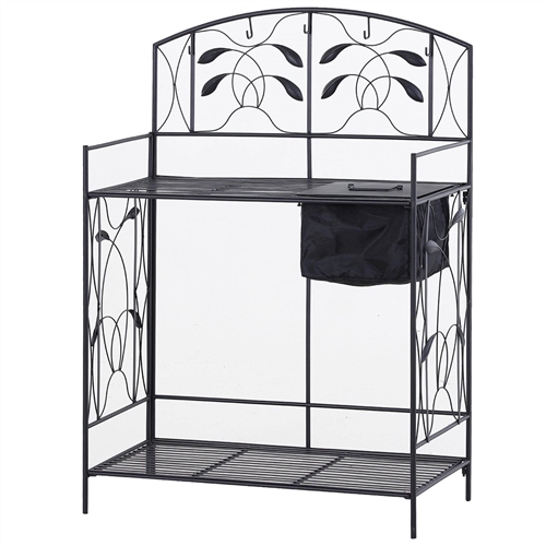 Black Metal Potting Bench with Iron Vine Accents - Fabric Sink