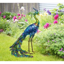 Outdoor Garden Metal Blue/Green Peacock Statue