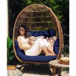 Oversized Patio Lounger Indoor/Outdoor Wicker Rattan Egg Chair Dark Blue