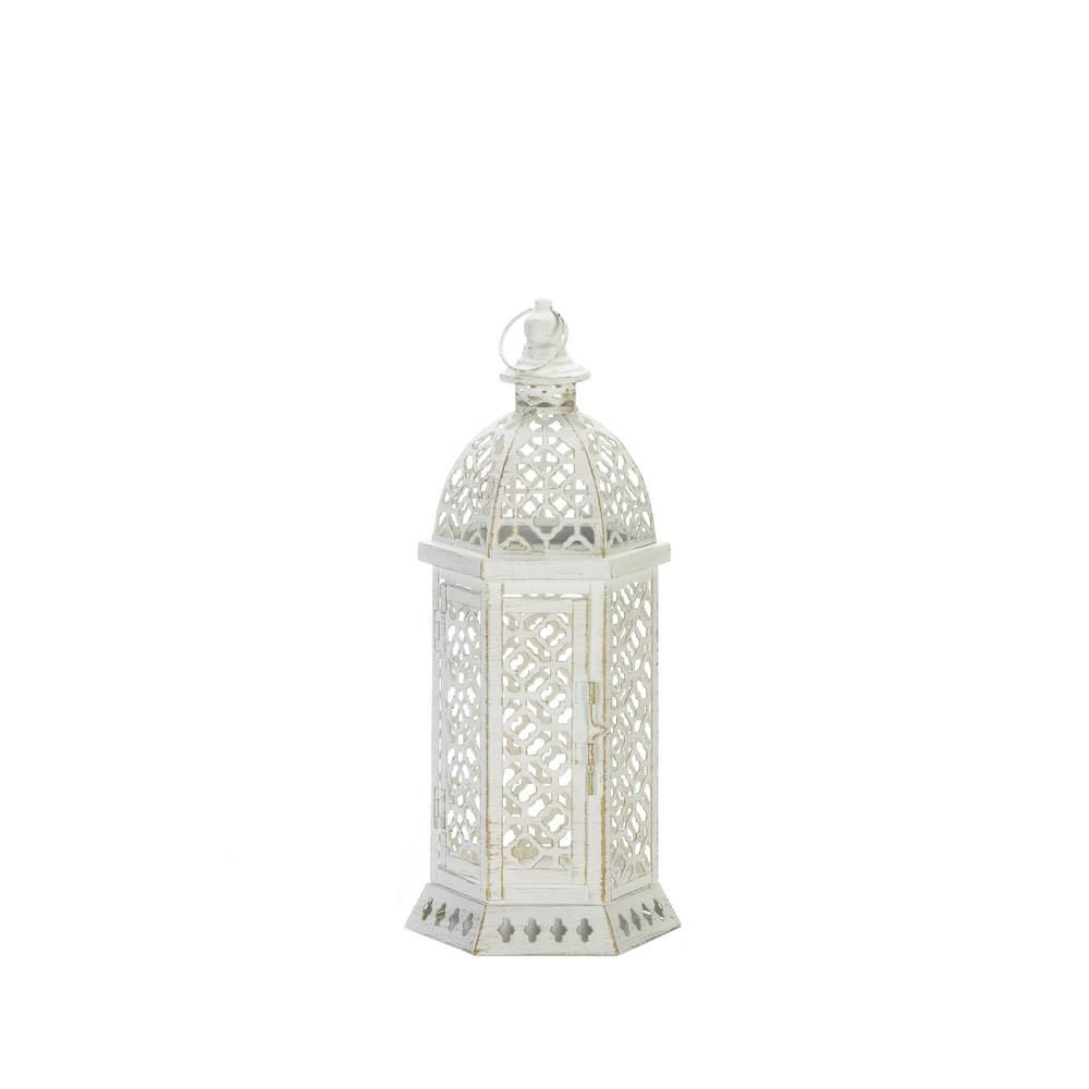 Lacy Cutout Distressed White Candle Lantern - 15.5 inches