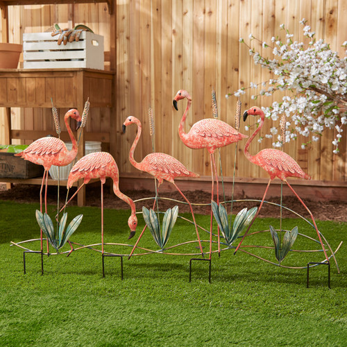 Flock of Five Pink Flamingos & Cattails Garden Stake - Iron
