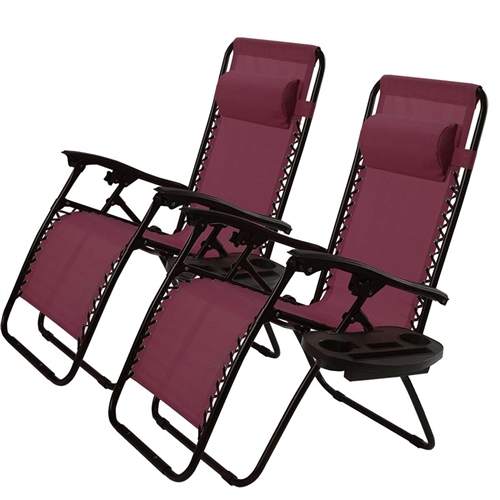 Set of 2 Burgundy Wine Red Folding Outdoor Zero Gravity Lounge Chair