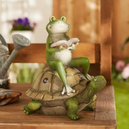 Solar Garden Frog – Reading Atop a Turtle