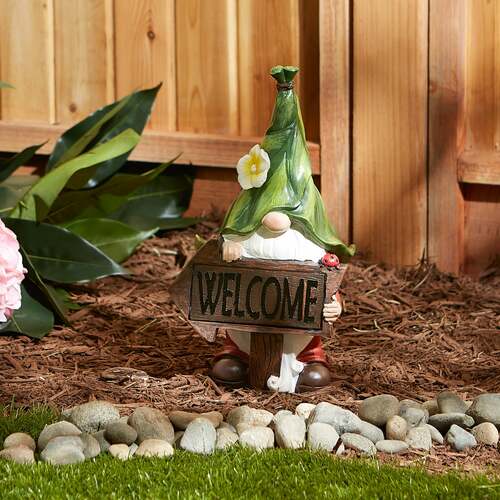 Leaf-Hat Gnome Figurine Holding a light-up Welcome Sign