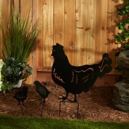 Chicken Family Black Metal Garden Stake Set