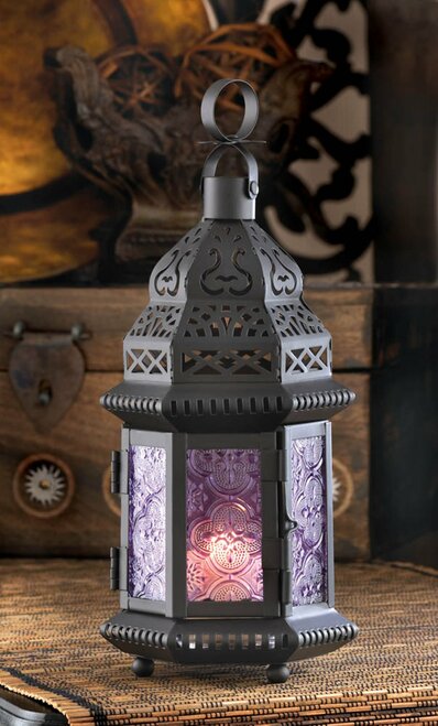 Ornate Lavender Glass Moroccan Style Candle Lantern - 11 in.