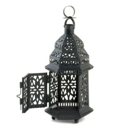 Ornate Black Moroccan Candle Lantern - Iron & Glass - 10.5 in.