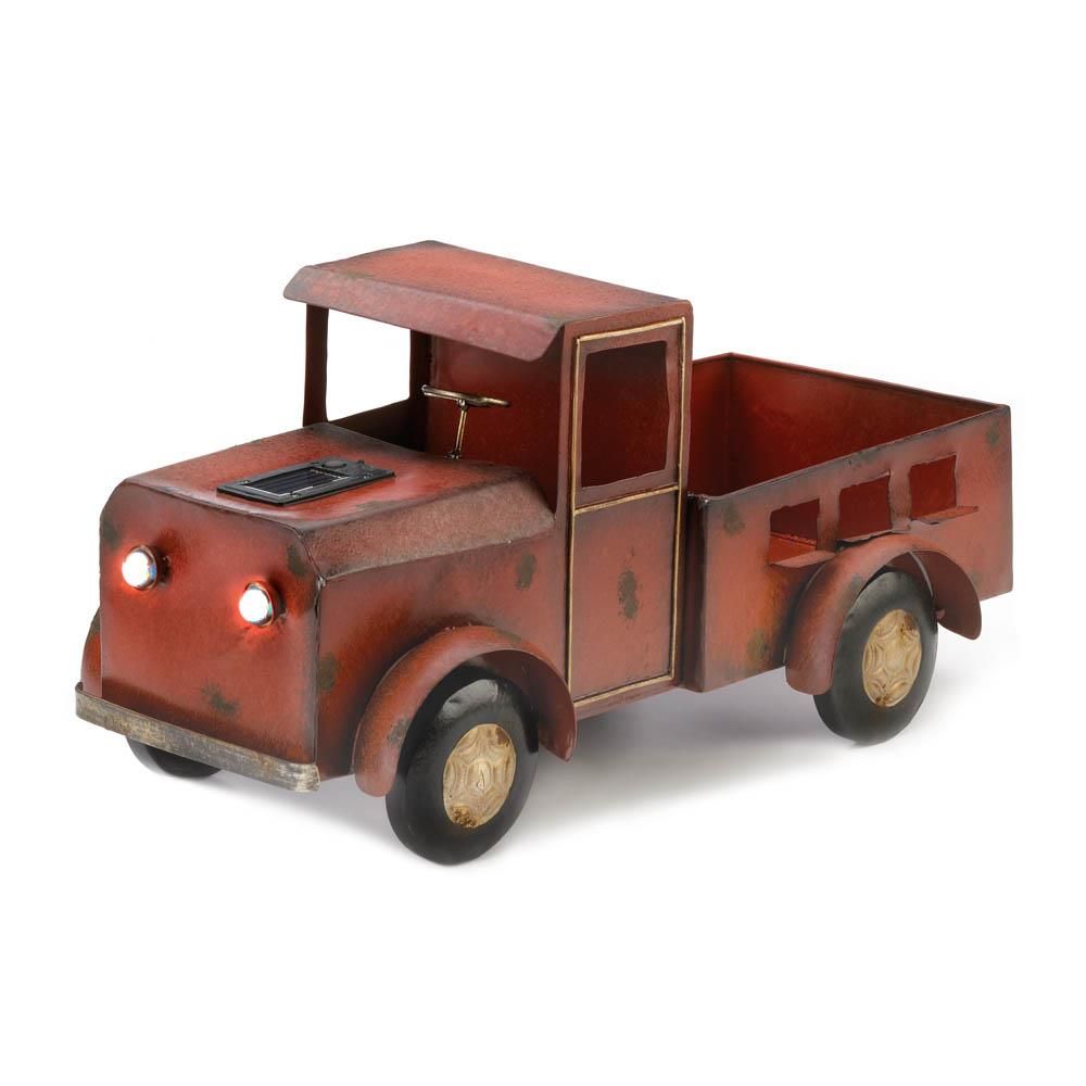 Metal Red Truck Planter with Solar-Powered Headlights