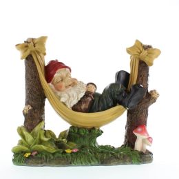 Garden Gnome Figurine Snoozing Lazily on Makeshift Hammock