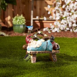 Gnome Figurine Napping on a Bench w/ a Friendly Light-Up Bird