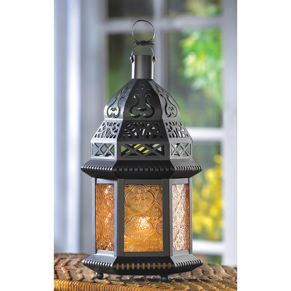 Ornate Moroccan Candle Lantern - Black w/Yellow Tinted Glass